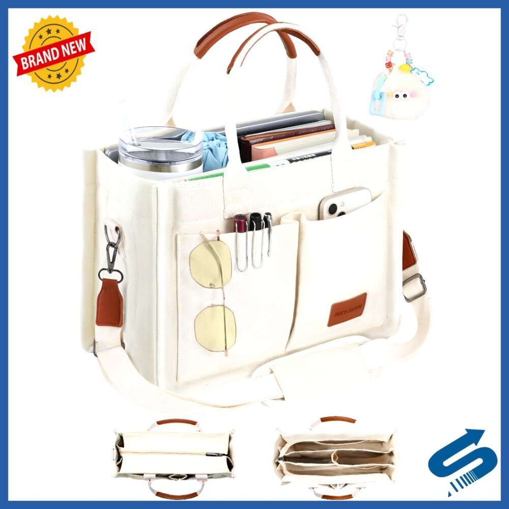 Canvas Tote Bag with Zipper Closure Structured Compartments for Work Travel